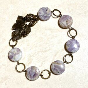 2/$20, Purple Opalized Fluorite Bracelet, Genuine Gemstone + Bronze Grape Leaf